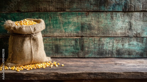 Rustic burlap sack filled with corn kernels spilling onto a wooden table against a weathered green barn backdrop
