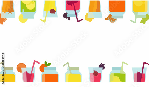Juice Jar and Glass Frame Vector Fresh Fruit Drink Border Illustration