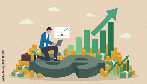 Revenue growth or investment profit increase earning wealth accumulate, growing income too financial analysis concept, businessman working computer laptop dollar too sign money with rising graph