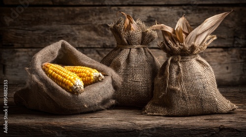 Rustic burlap sacks containing fresh yellow corn cobs on a weathered wooden table background with an earthy farmhouse ambiance enhancing the composition
