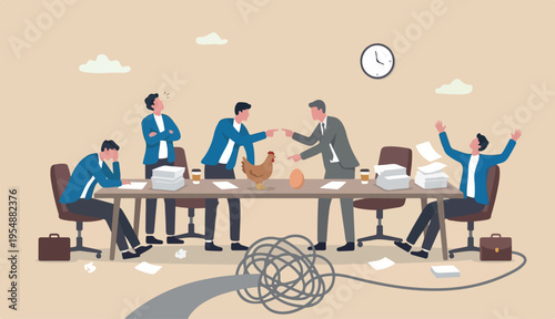 Business argument, conflict or disagreement, wasted meeting time arguing with no result, controversy question concept, businessman colleagues arguing to fight about chicken vs egg who come first.
