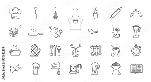 Set of Kitchen Cooking Utensils and Appliances Line Icons