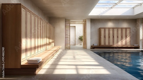 Modern locker room with swimming pool and natural light
