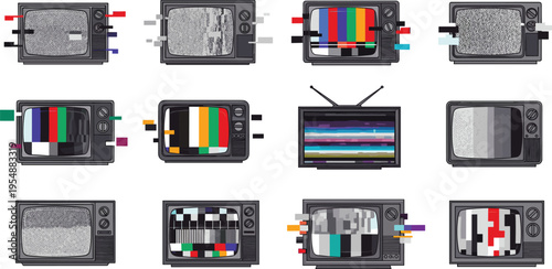 Retro Television Screens Collection with Static Noise, Color Bars, Glitch Effects, and Vintage TV Test Patterns Vector Illustration Set