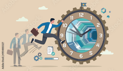 Time management or time travel to the future, time flied fast to work deadline, productivity efficiency, effort or work schedule, evolution concept, businessman jump into clock too the future