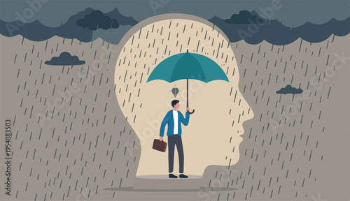 Mental health protection, depression anxiety control help, support mental to illness suffering concept, human head with self using umbrella protect heavy raining storm depression