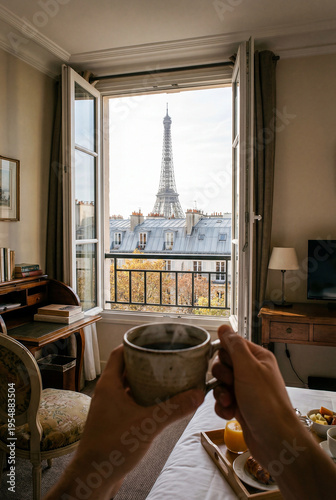 View of the Eiffel Tower from the balcony with a cup of coffee in hand