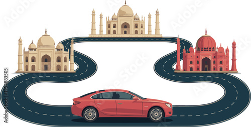 Red sedan driving on a winding road past famous Indian landmarks and iconic historical monuments.
