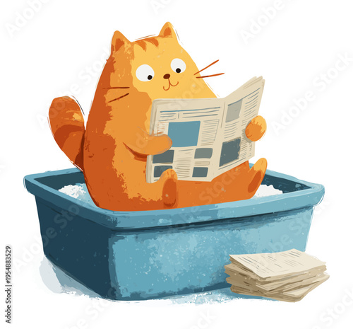 Cat reading newspaper in litter box