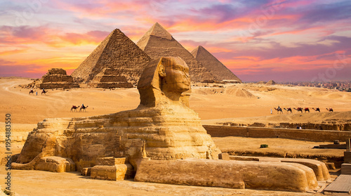 The complex in Cairo on the Giza plateau, with the Great Pyramids and the Sphinx in the foreground
