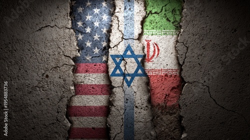 cracked concrete wall with painted flags of usa israel and iran in dark moody lighting