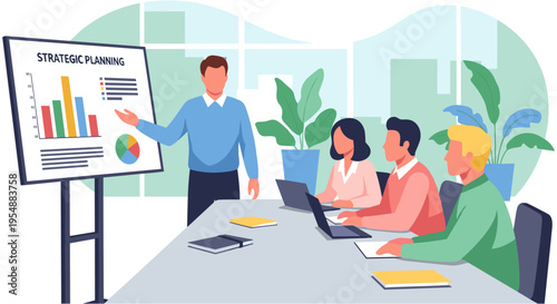 Business team discussing strategic planning in modern office with presentation on screen in flat design style for corporate website