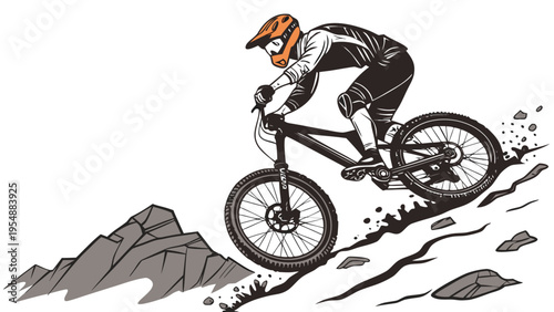 "A professional, ultra high-resolution, photorealistic cutout of an athletic male mountain biker in dynamic action. The biker is wearing a matte black and neon orange protective helmet, full riding ge