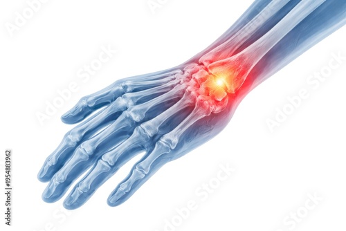 Detailed wrist bone structure with pain highlighted, medical illustration showing joint inflammation and skeletal discomfort isolated on white background