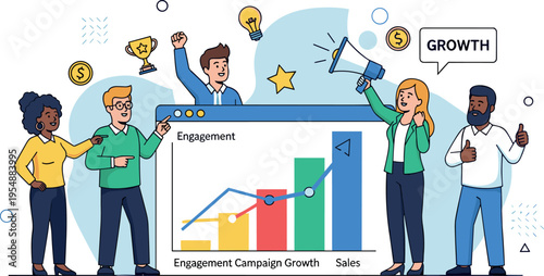 Business team celebrating marketing growth success with analytics dashboard engagement sales chart teamwork vector illustration