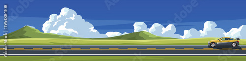 Travels of sport or super car with driving for banner. Asphalt road near the meadow with green hills under clear sky. Copy Space flat Vector or illustration.