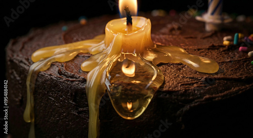 Macro detail of melting wax candle on dark chocolate cake