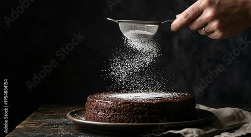 Hand sifting powdered sugar onto dark chocolate cake