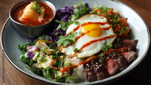 Vibrant Bowl of Rice Topped with Vegetables, Egg, Steak, and Spicy Sauce in a Rustic Setting