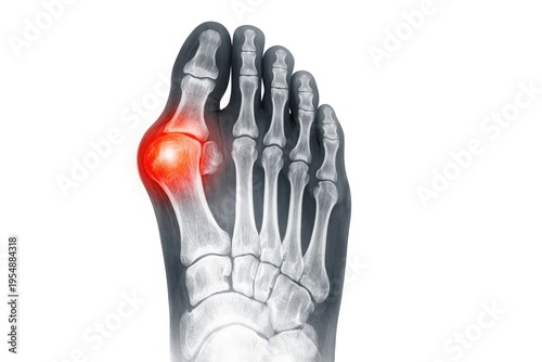 Foot bone structure with highlighted pain area, medical illustration showing inflammation and joint discomfort in toes isolated on white background
