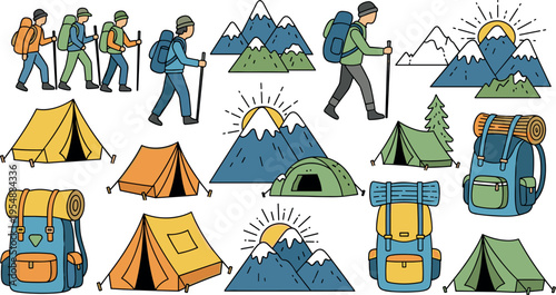 Camping and hiking adventure icons set with tents backpacks mountains and travelers outdoor travel vector illustration collection