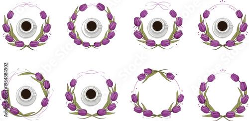 Floral Coffee Frame Set with Purple Tulip Wreaths and Elegant Decorative Circular Compositions