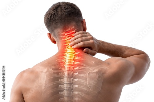 Man suffering from severe neck pain with highlighted spine inflammation, healthcare concept showing muscle strain and cervical discomfort isolated on white background