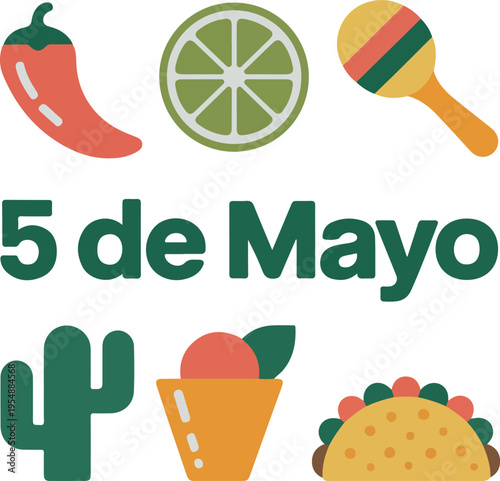 5 de Mayo text with Mexican icons chili lime maraca cactus taco
