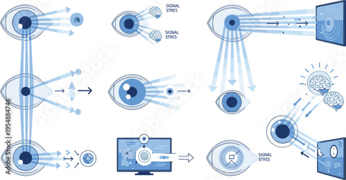 Human Eye Tracking and Visual Data Processing Diagram Showing Gaze Direction, Focus Movement, Signal Stress, and Brain Interface Technology Illustration