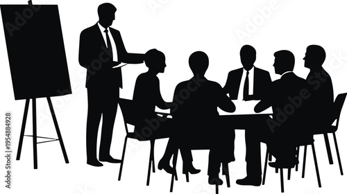 Business team meeting silhouettes presentation discussion corporate strategy teamwork office brainstorming leader explaining ideas to colleagues isolated on white background