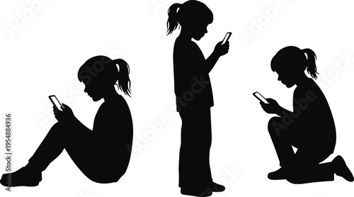 Children silhouettes using smartphone in different poses screen addiction technology digital lifestyle kids mobile device isolated on white background
