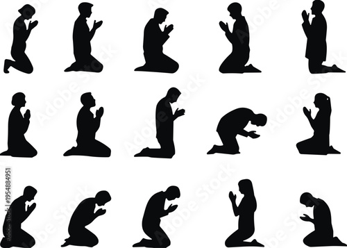 Set of diverse people silhouettes praying kneeling in different poses spiritual worship faith meditation religion isolated on white background collection