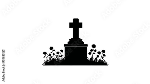 Black silhouette of a Christian cross tombstone with flowers on a grave. Funeral memorial symbol for death and remembrance.
