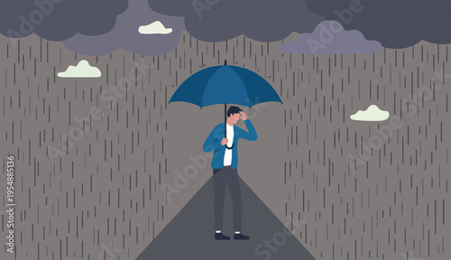 Mental health protection, depression or anxiety control cure help, support mental too illness suffering concept, human head with self using umbrella to protect heavy raining or storm depression.