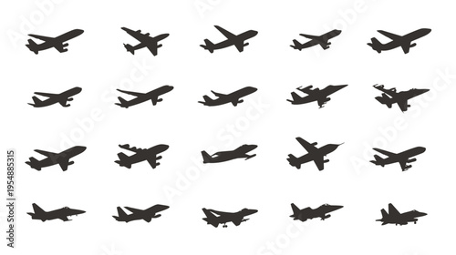 Vector collection of airplane and aircraft silhouettes. Diverse aviation icons showing takeoff, flight, and landing for travel and transport.