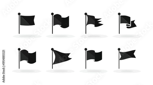 Vector set of black flags waving on poles. Collection of blank banners in various shapes and styles, isolated on white.