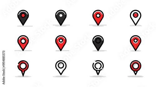 Set of diverse map pin icons and location markers for navigation, GPS tracking, and user interface design in red, black, and outline styles.