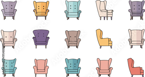 Classic Armchair Vector Set Featuring Vintage Wingback Chairs in Different Colors and Angles for Interior Furniture Design Illustration