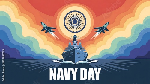Navy Day celebration with a warship, fighter jets, and colorful abstract background