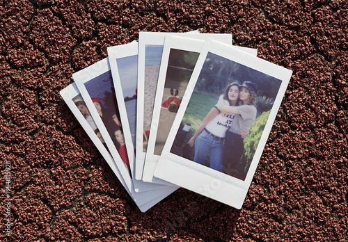 Real photo of Blank mini Polaroid Pics on Ground. PSD template mockup.