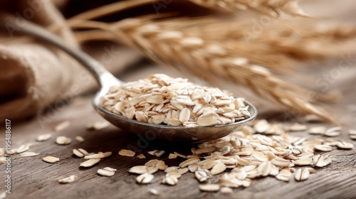 Close-Up of Rolled Oats in a Silver Spoon Surrounded by Natural Ingredients Including Wheat and Rustic Wooden Surface