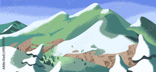 Mountain landscape. Spring nature of Alps. Downhills covered with melting snow and green grass. Background with rock hills, pine trees and sky. Scenery of stone range. Flat vector illustration