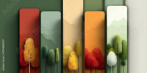 Wallpaper Mural 3D minimalist abstract multi-panel design featuring colorful seasonal trees and layered nature landscapes. Torontodigital.ca