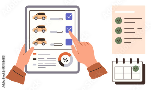 Data organization, planning, decision-making, vehicle leasing, evaluation, checklist process. A hand points to a checkbox on a chart with cars, a calendar and a checklist. Vehicle leasing