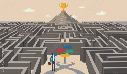 Path work flat company chart assessment project businessman finding the way in labyrinth to reach target