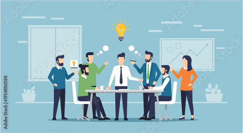 Diverse business team brainstorming in modern office with lightbulb moment in bright colorful illustration for business presentation
