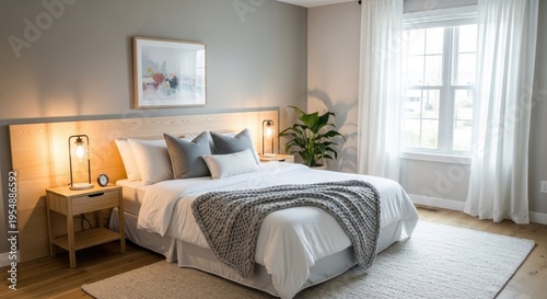 A warmly lit bedroom features a king-size bed with white bedding, a gray throw blanket, and plush pillows. A wooden nightstand sits beside the bed, holding a lamp, a clock, and a small plant.