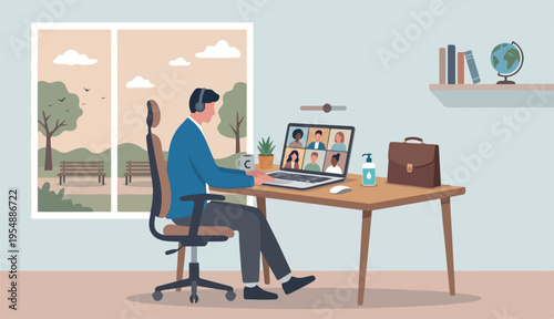 Work from home video conference meeting team social distancing Coronavirus COVID-19 pandemic concept, office home working home chair conference meeting team laptop computer.