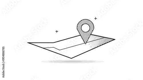 Hand-drawn Sketch Style Map Icon with GPS Location Pin. Black and White Navigation, Travel, and Direction Symbol for Web and UI Design.
