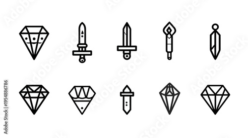 Minimalist Outline Fantasy Icons Set: Gems, Swords, and Magical Artifacts for RPG Game UI Design Elements